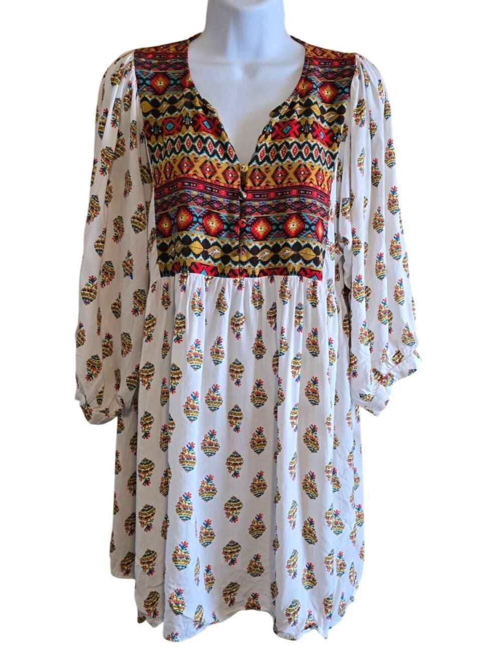 Floral Boho Babydoll Dress tribal Aztec Print Balloon Sleeves hippie